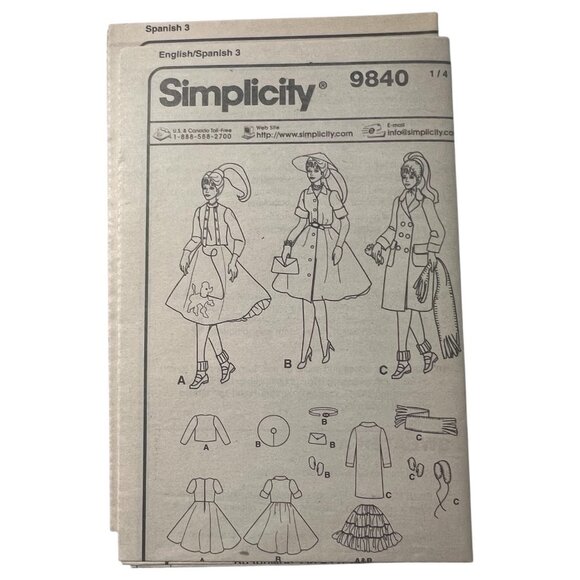 Simplicity 9840 Doll Clothes Sewing Pattern 11.5" Fabulous 50s Collector Club - Picture 4 of 7